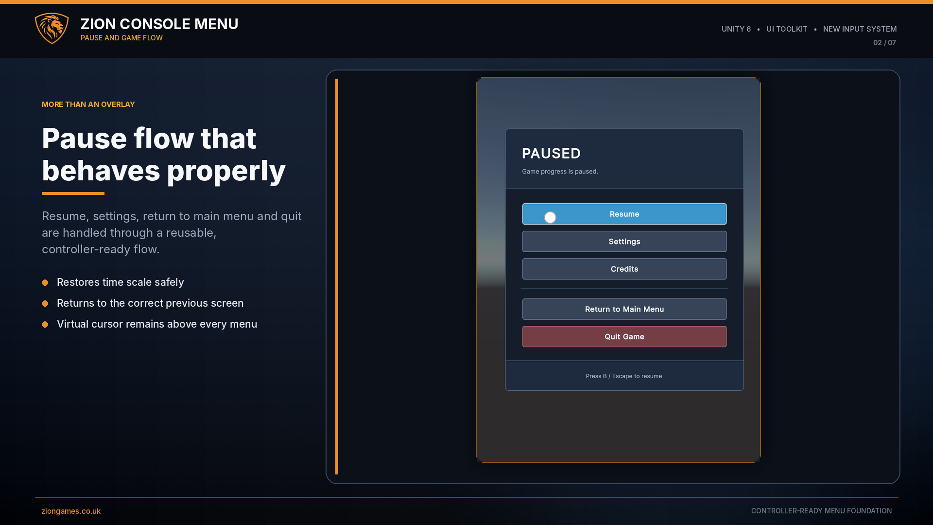 Pause menu and game-flow integration