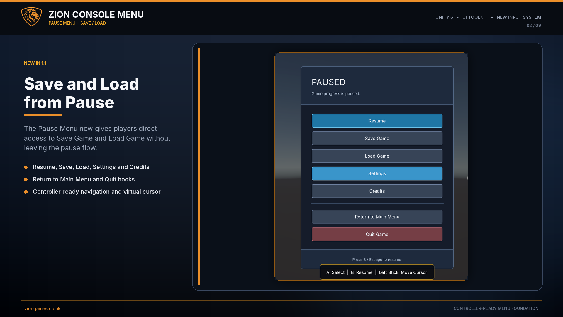 Pause Menu with direct Save Game and Load Game access