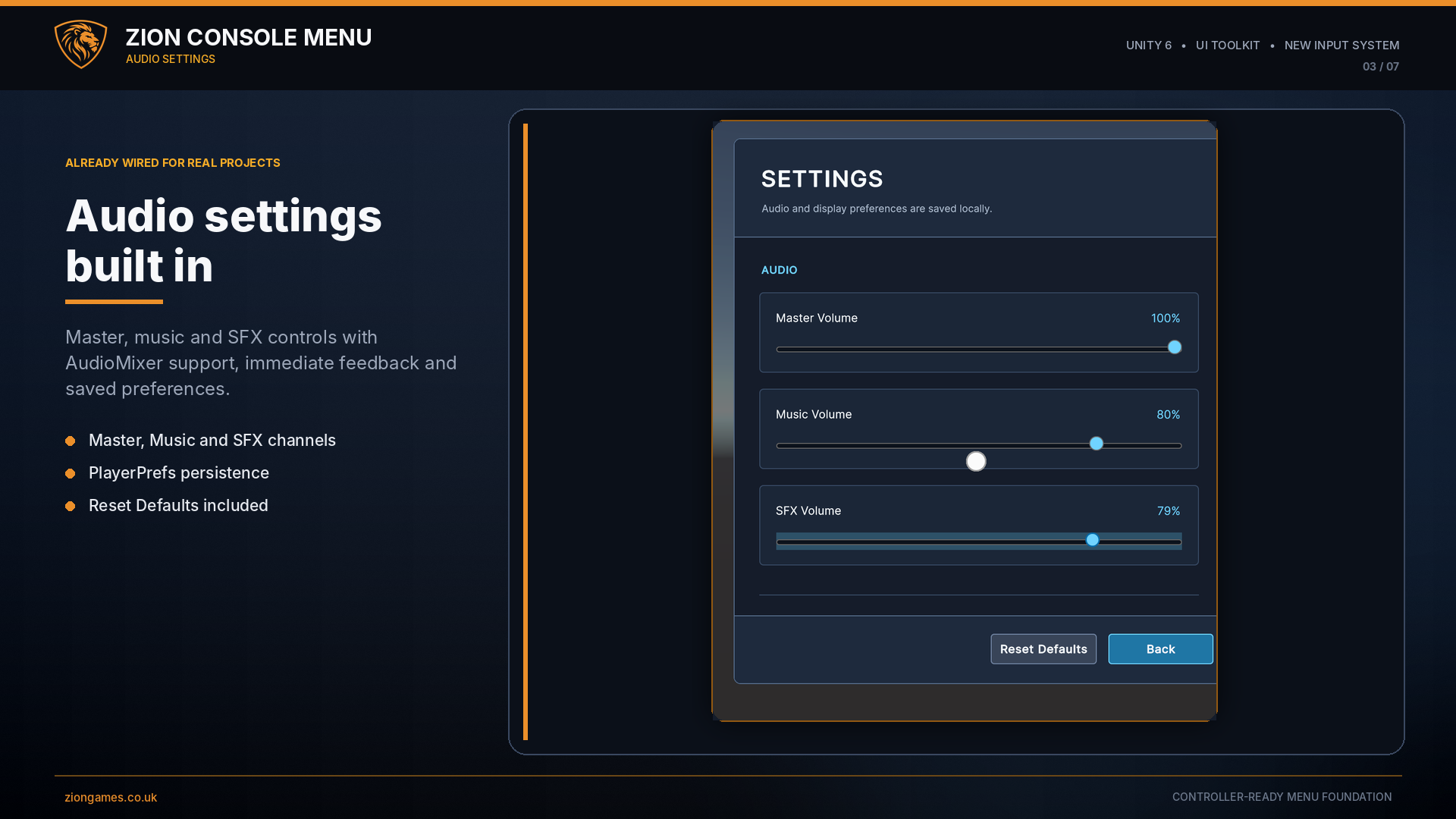 Master, music and sound-effects settings