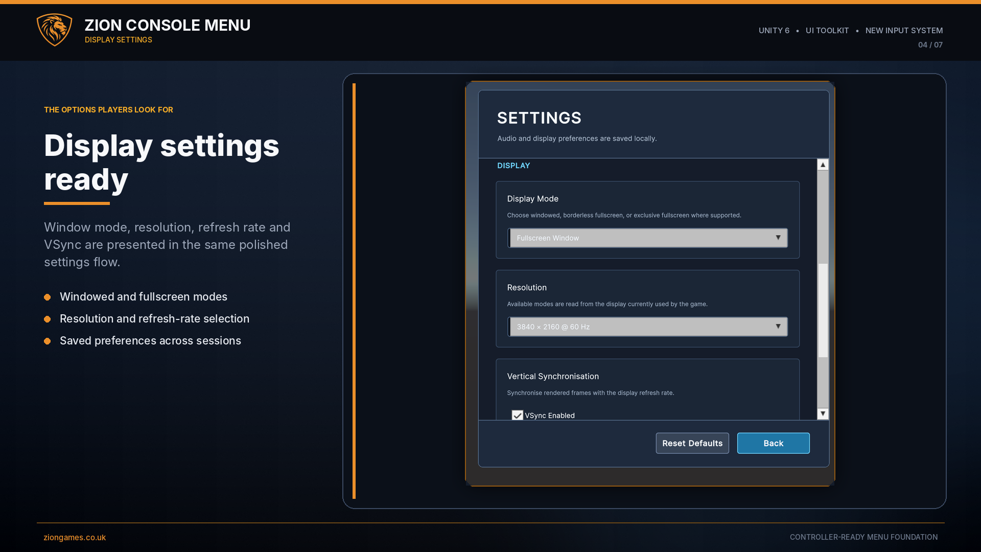 Display mode, resolution and VSync settings