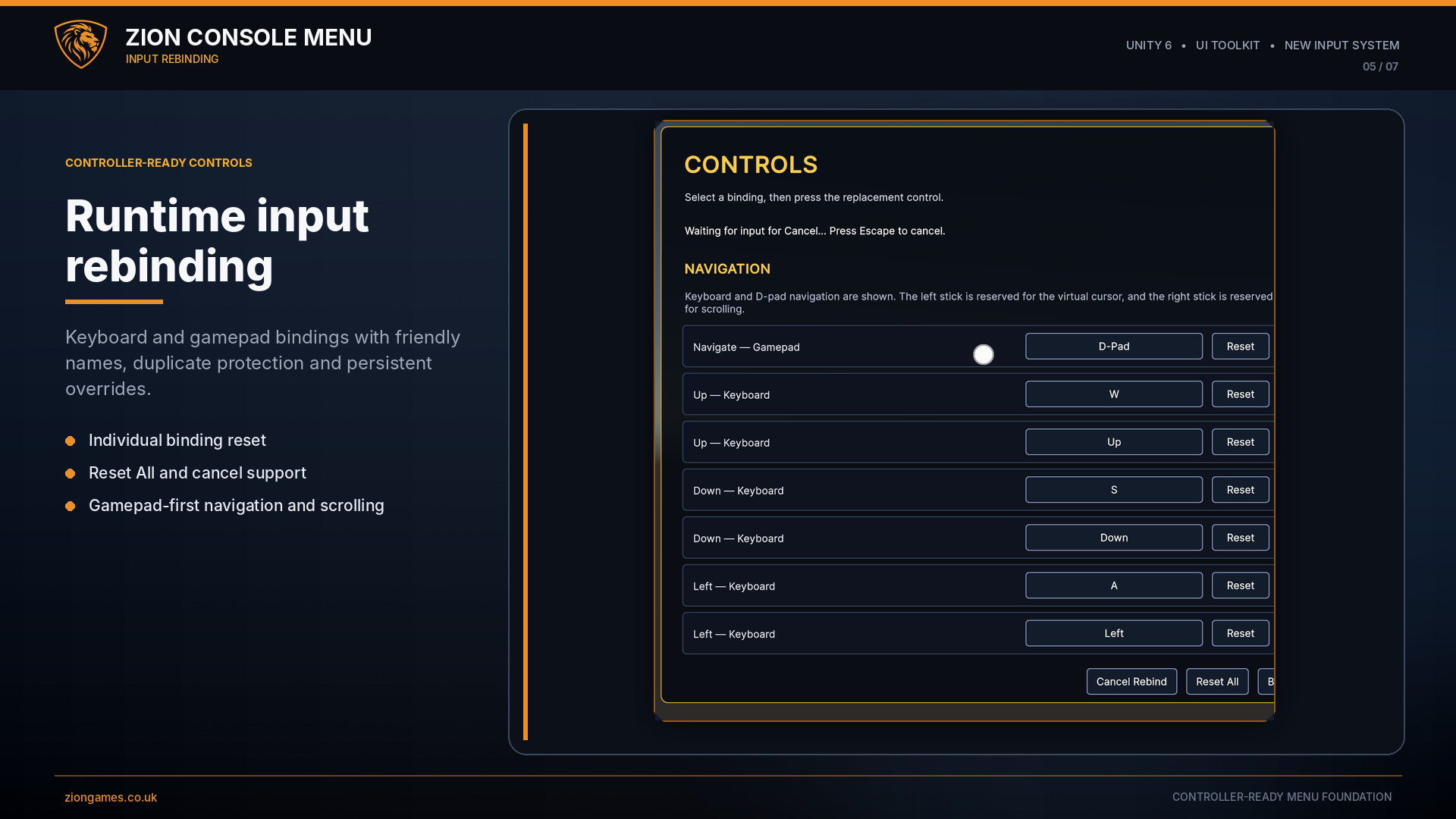 Runtime keyboard and gamepad input rebinding