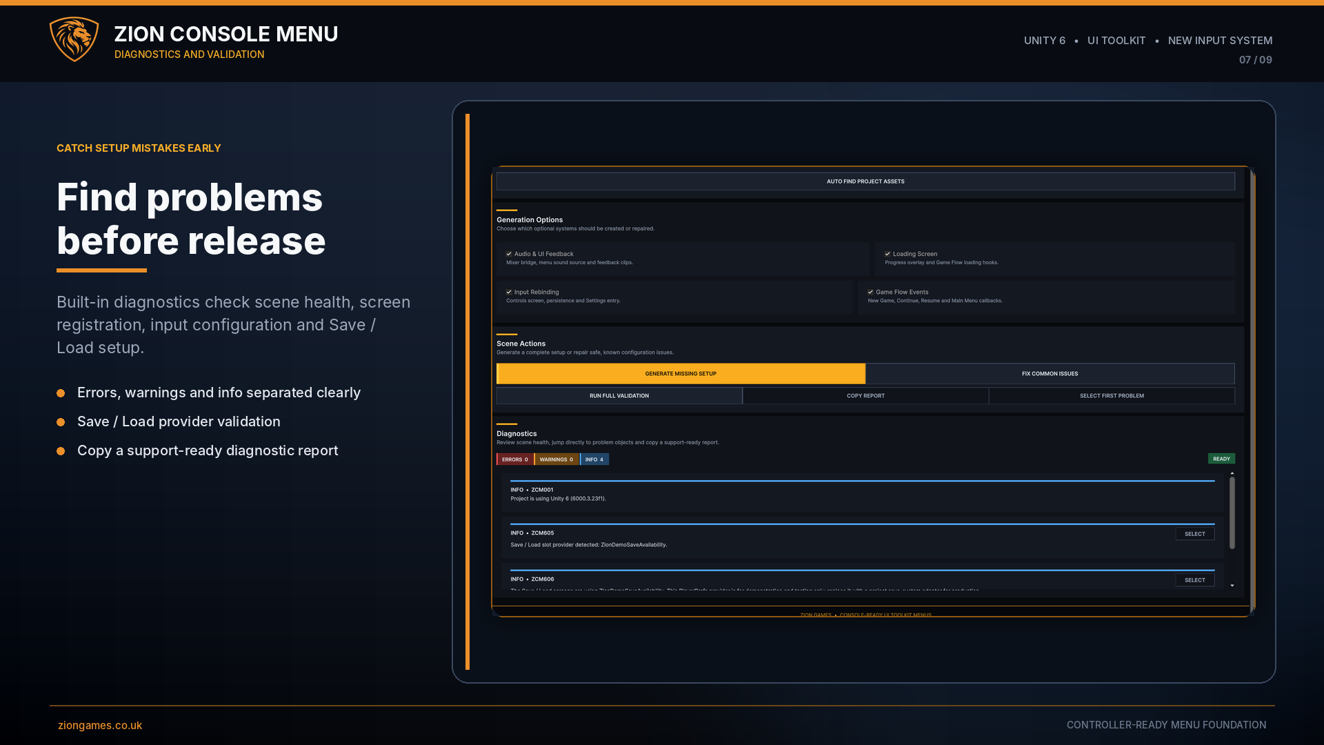 Zion Console Menu setup diagnostics and validation
