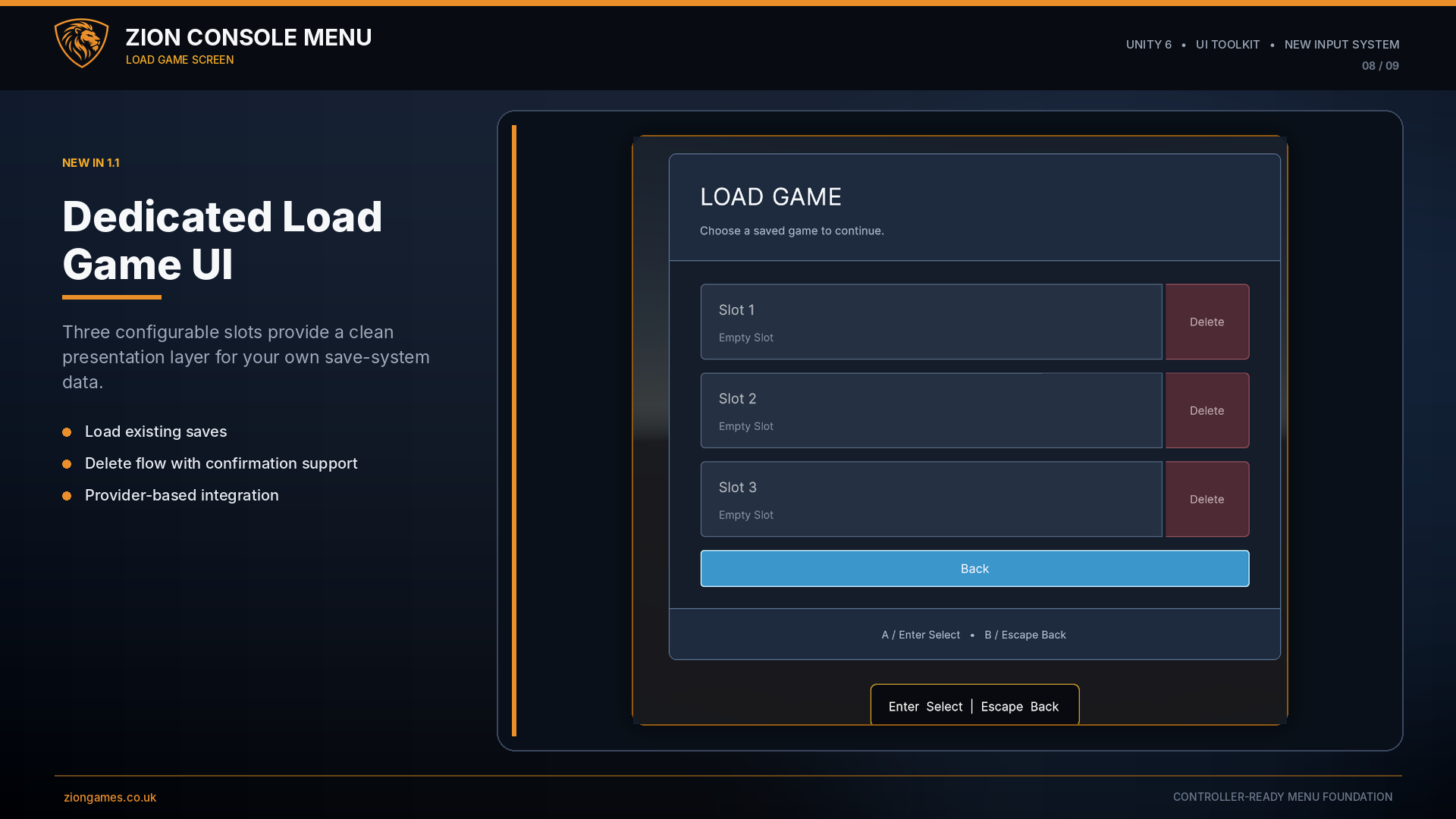 Load Game screen with configurable save slots, titles and metadata