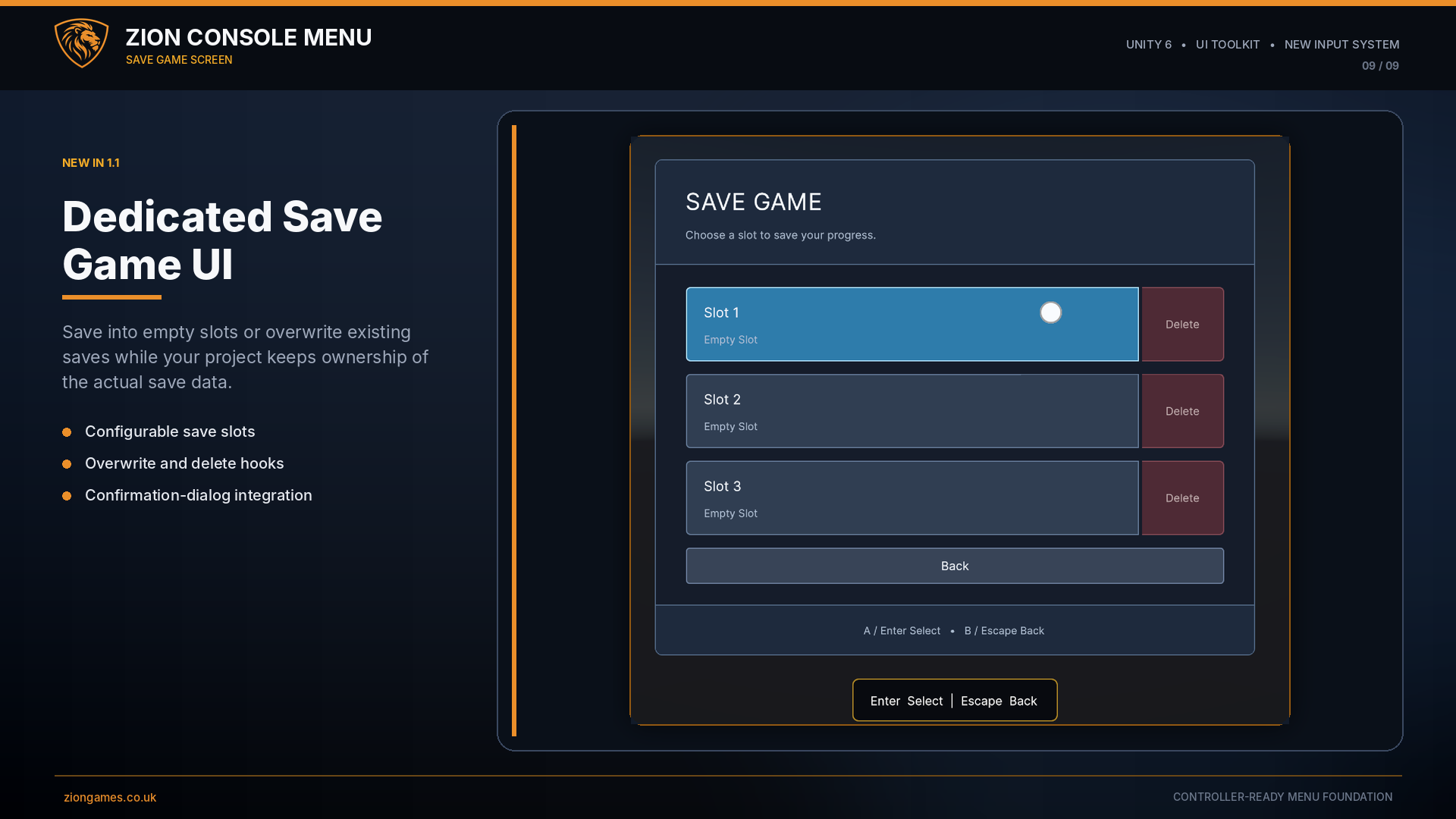 Save Game screen with empty and occupied slots plus overwrite and delete actions