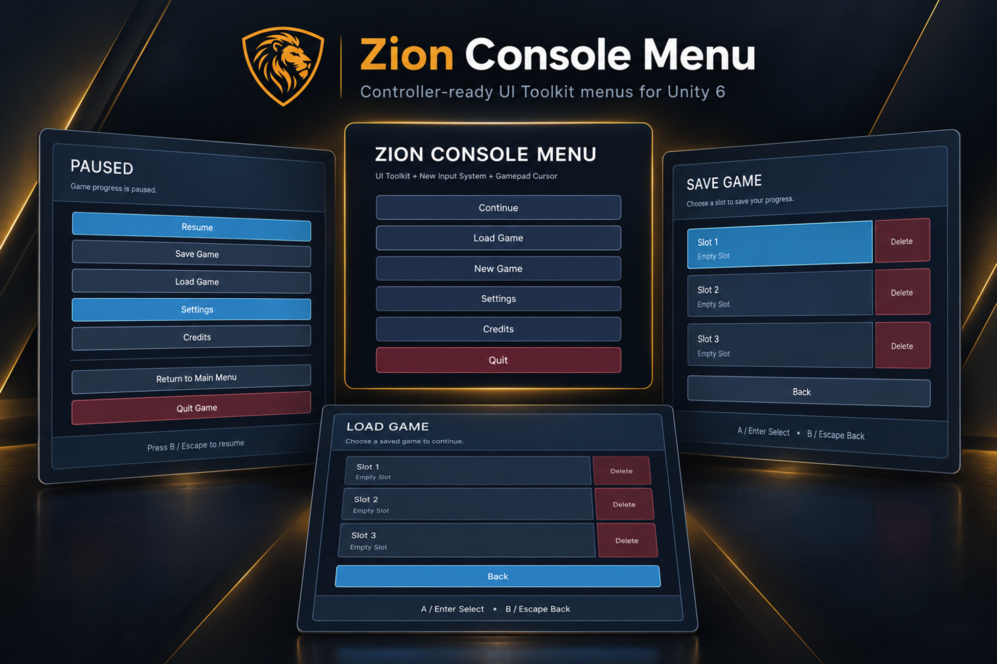 Zion Console Menu showing Main Menu, Pause Menu, Save Game and Load Game interfaces
