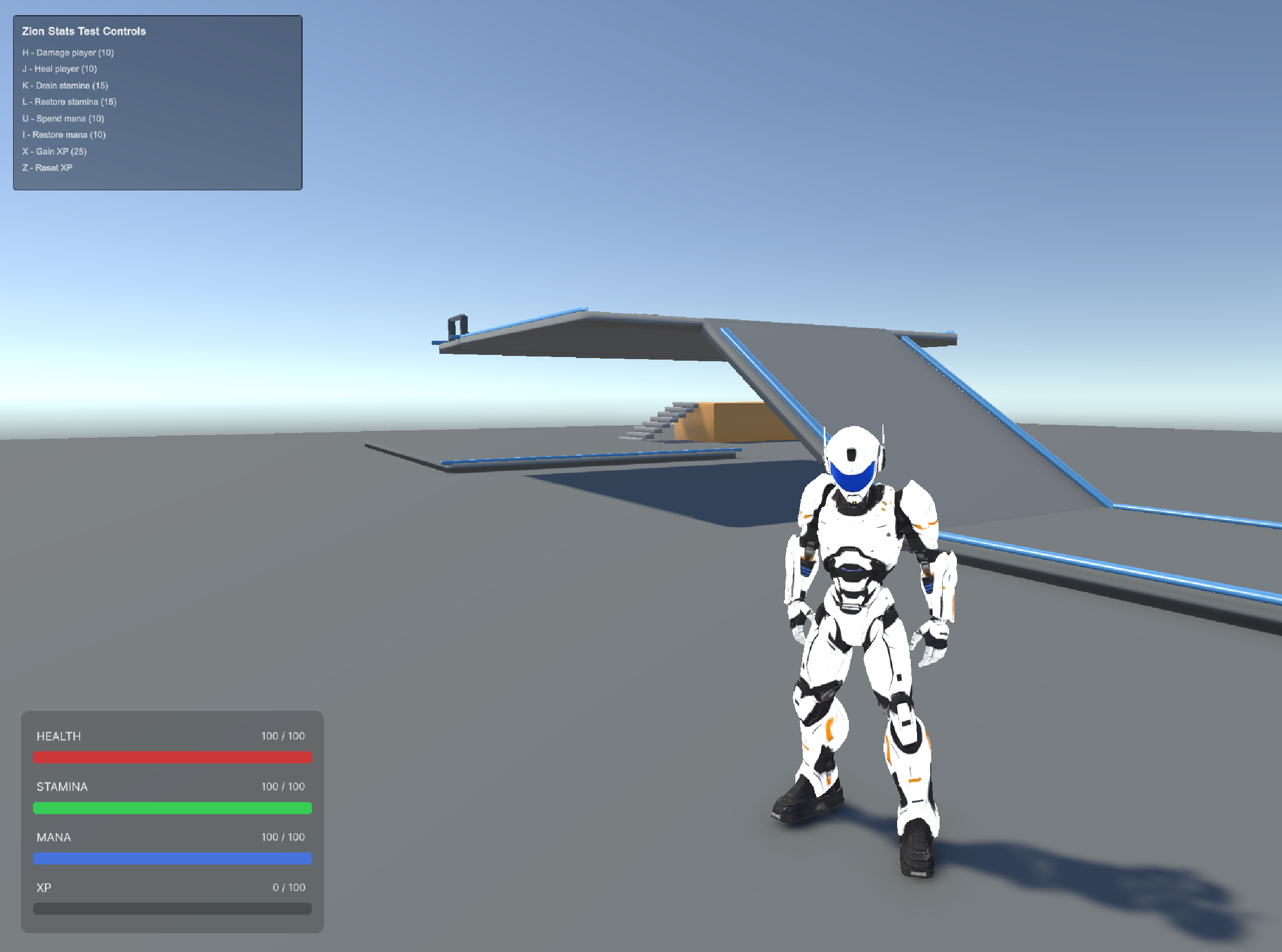 ZionTPS Stats gameplay HUD running in Unity