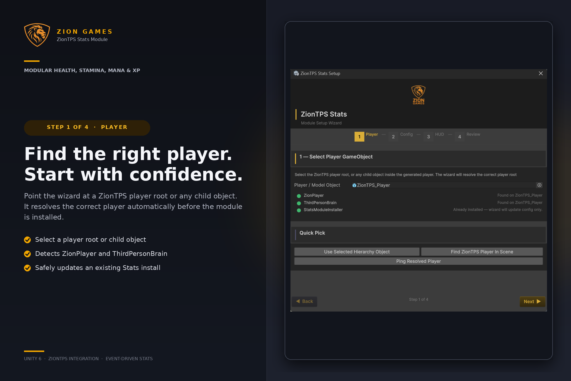 ZionTPS Stats setup wizard player selection step in Unity 6