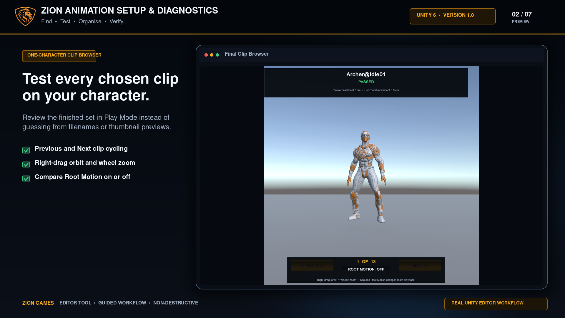 Zion Clip Browser testing a selected animation on one character with previous and next controls