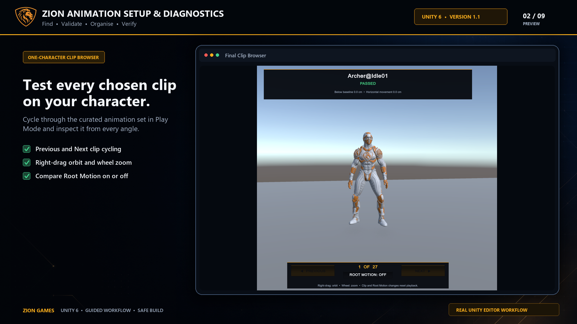 Zion clip browser testing a selected animation on a Humanoid character