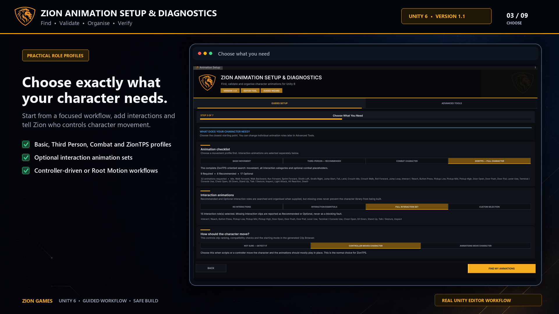 Guided animation profile and interaction role selection