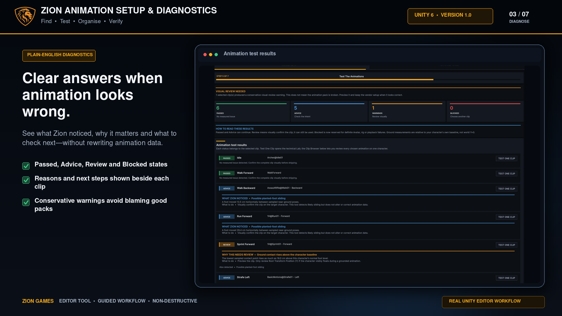 Plain-language Unity animation diagnostics with passed, advice, review and blocked results