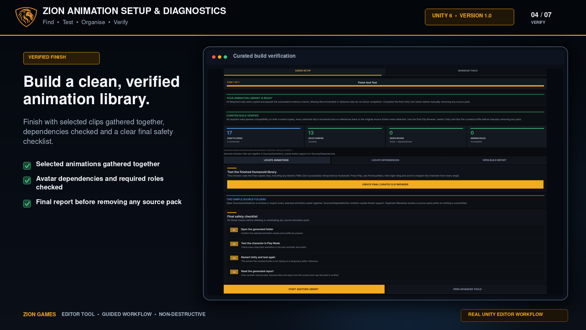 Verified curated Unity animation library ready for final testing