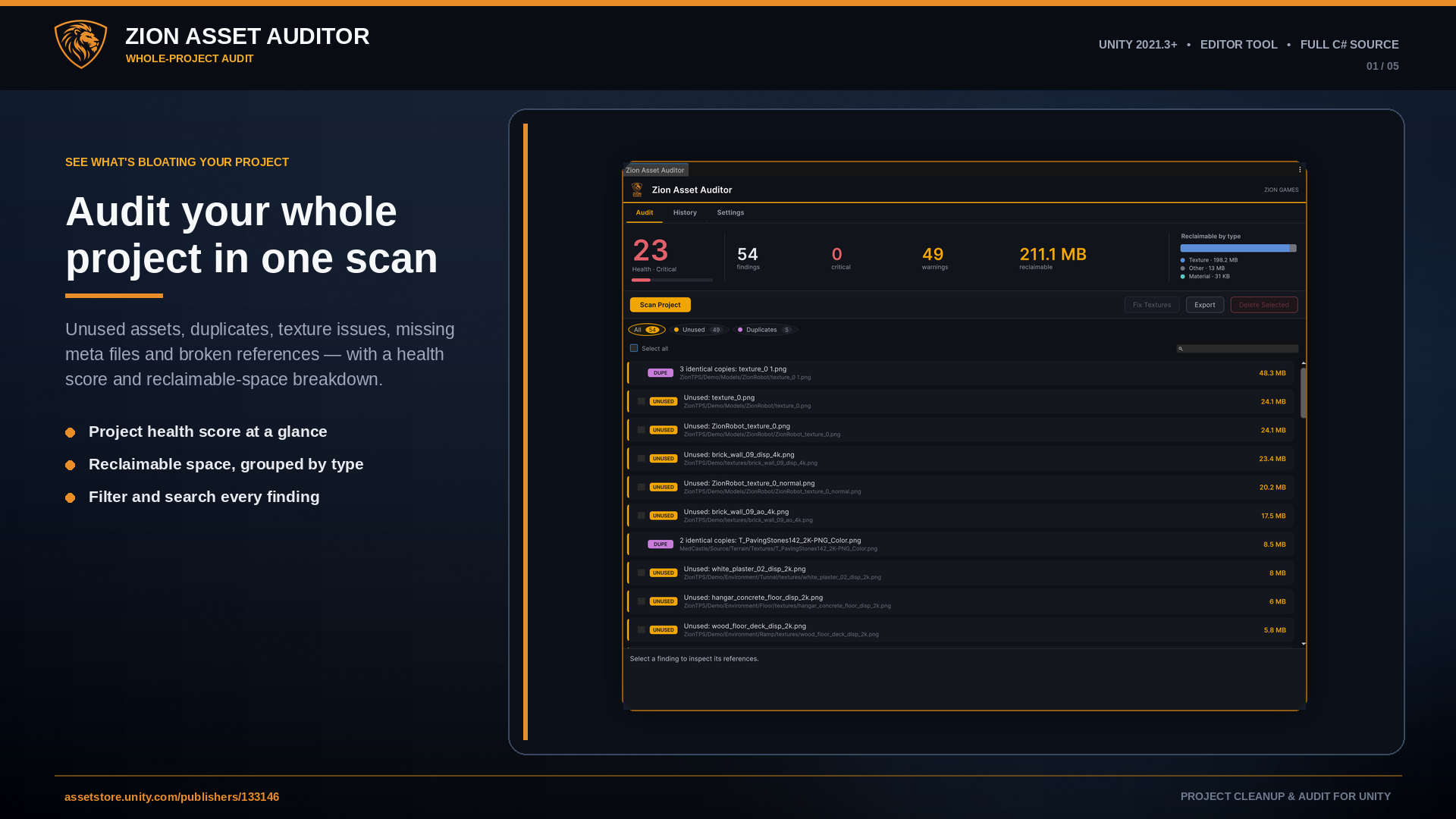 Zion Asset Auditor whole-project scan results with health score and reclaimable-space breakdown
