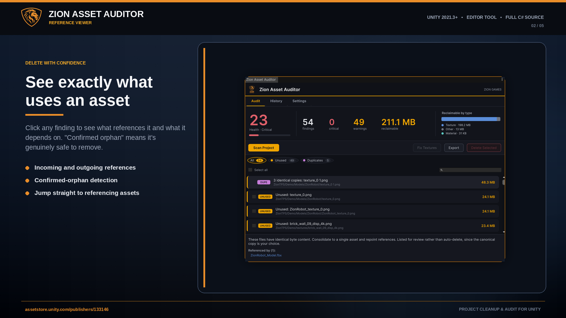 Zion Asset Auditor reference viewer confirming an unused asset is a safe-to-remove orphan