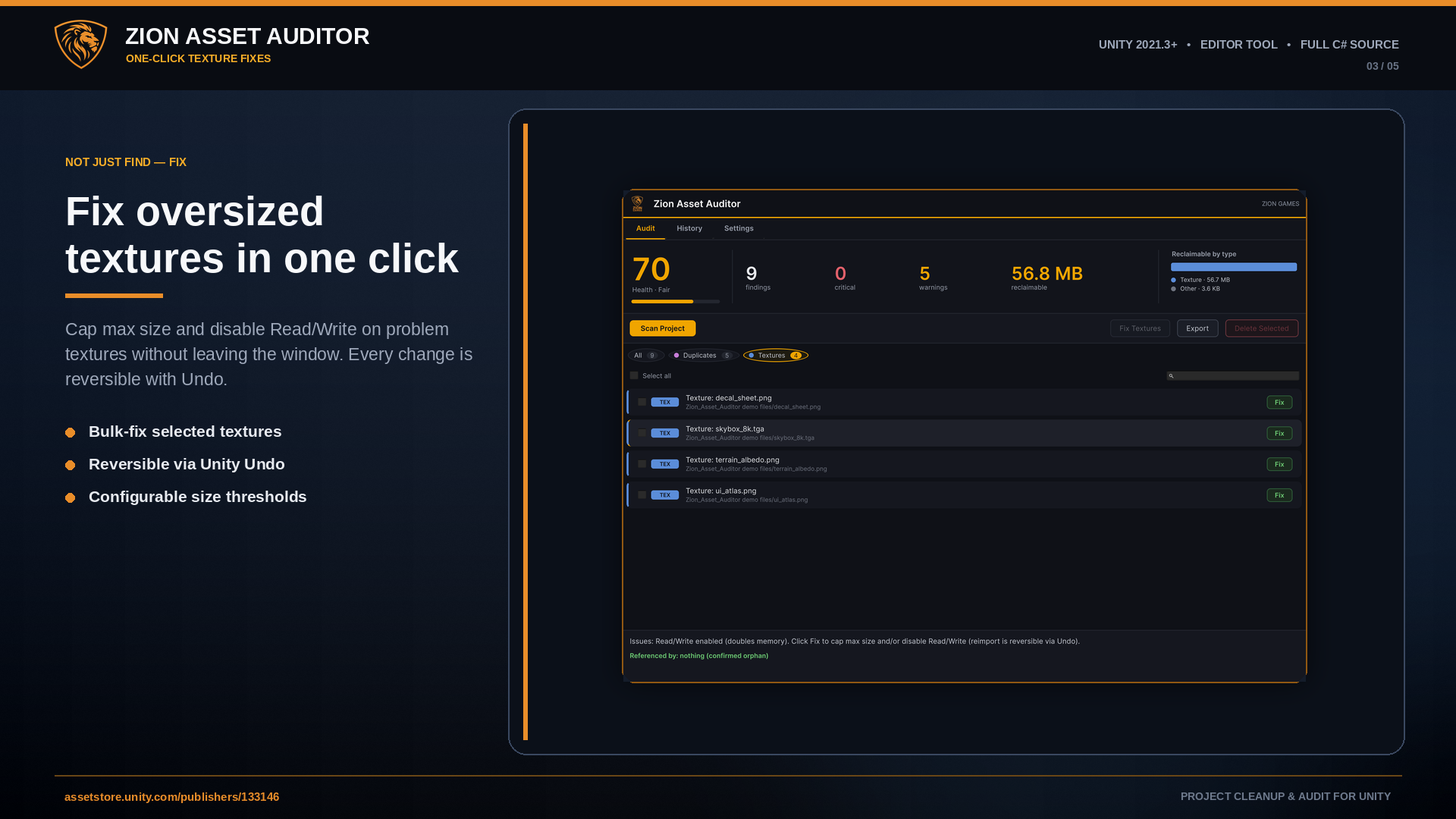 Zion Asset Auditor one-click texture import fixes for oversized and Read/Write textures