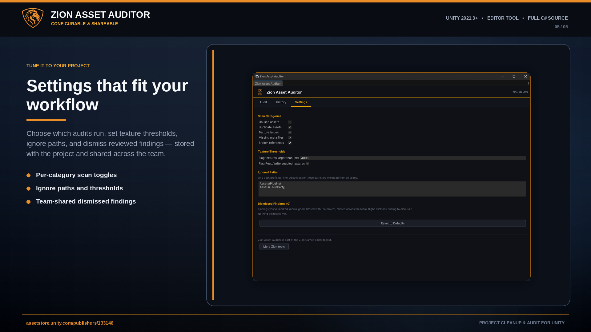 Zion Asset Auditor settings: scan categories, texture thresholds, ignore paths and team-shared dismissed findings
