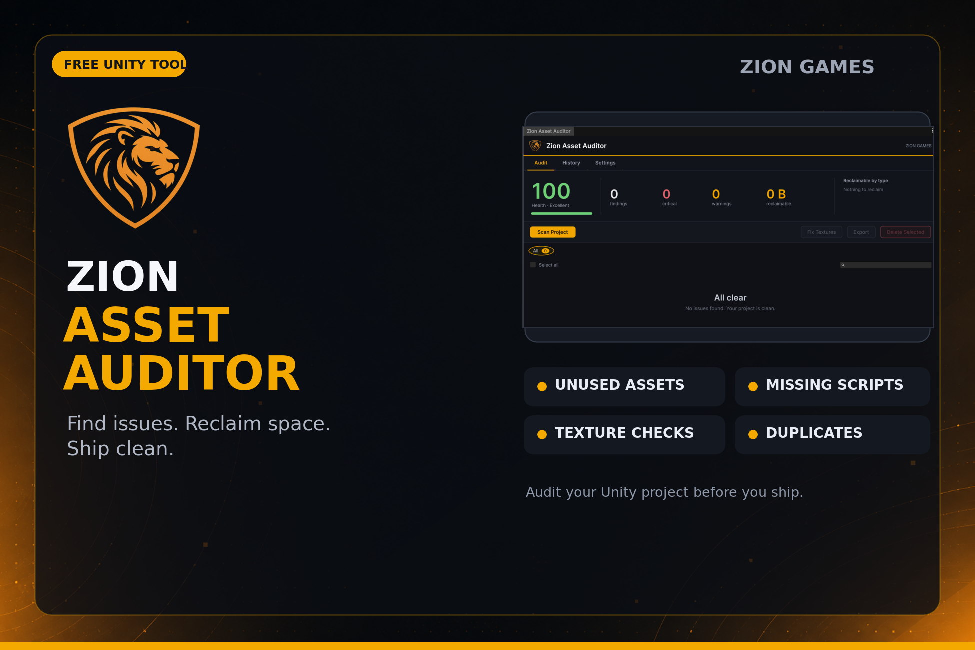 Zion Asset Auditor Unity project health scan