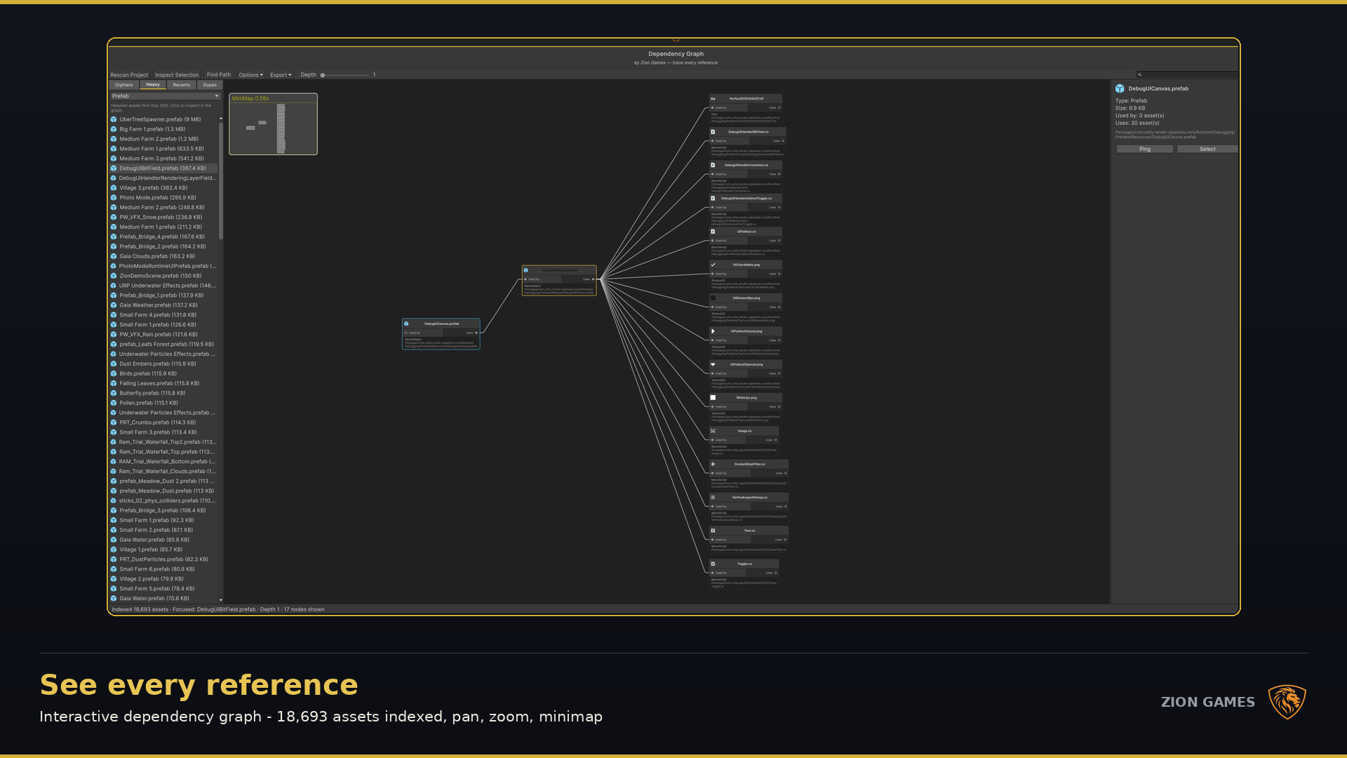 Zion Dependency Graph interactive graph view with 18,000 assets indexed in Unity