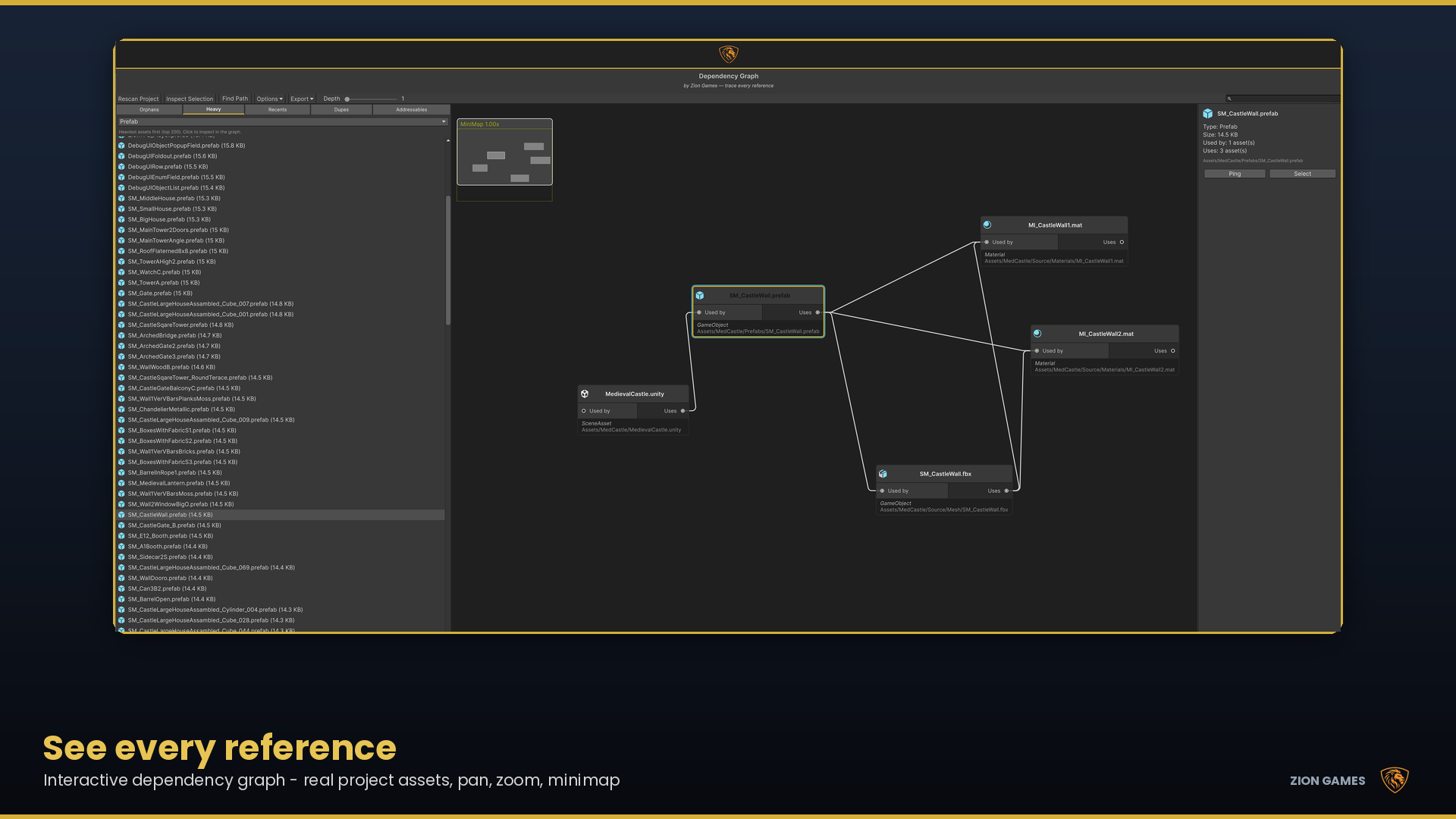 Zion Dependency Graph showing a castle wall prefab and its material, mesh and scene references as an interactive node graph
