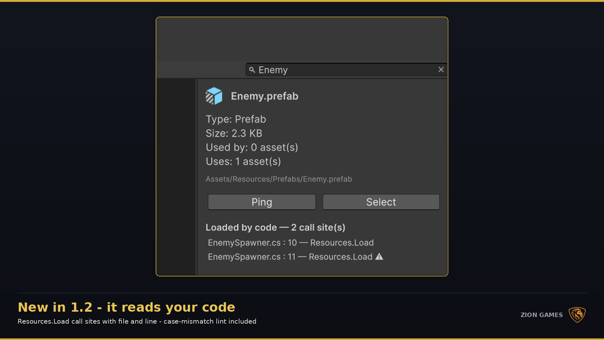 Zion Dependency Graph code string reference detection - Resources.Load call sites with file and line
