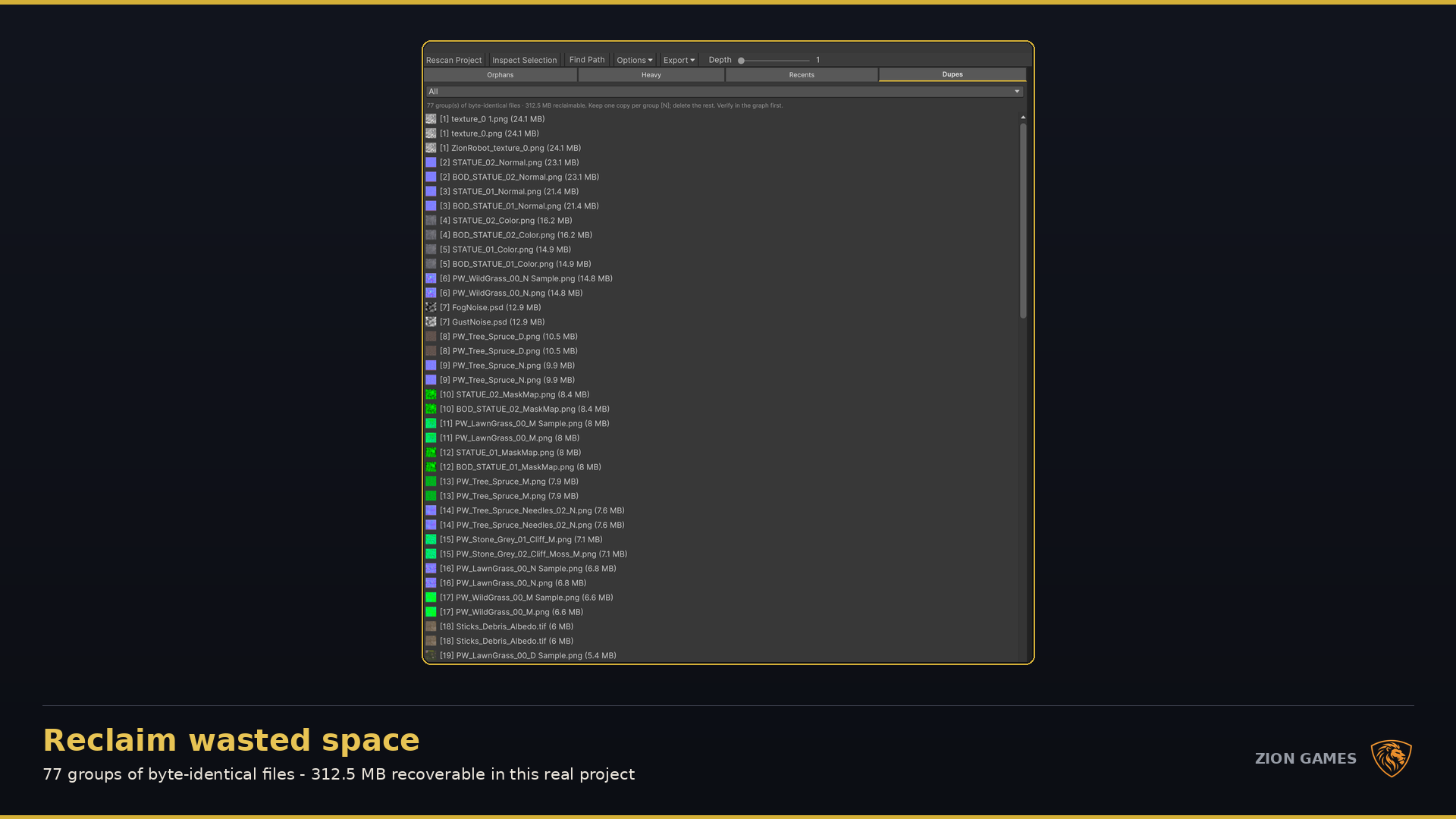 Zion Dependency Graph duplicate file detection Dupes tab with reclaimable size