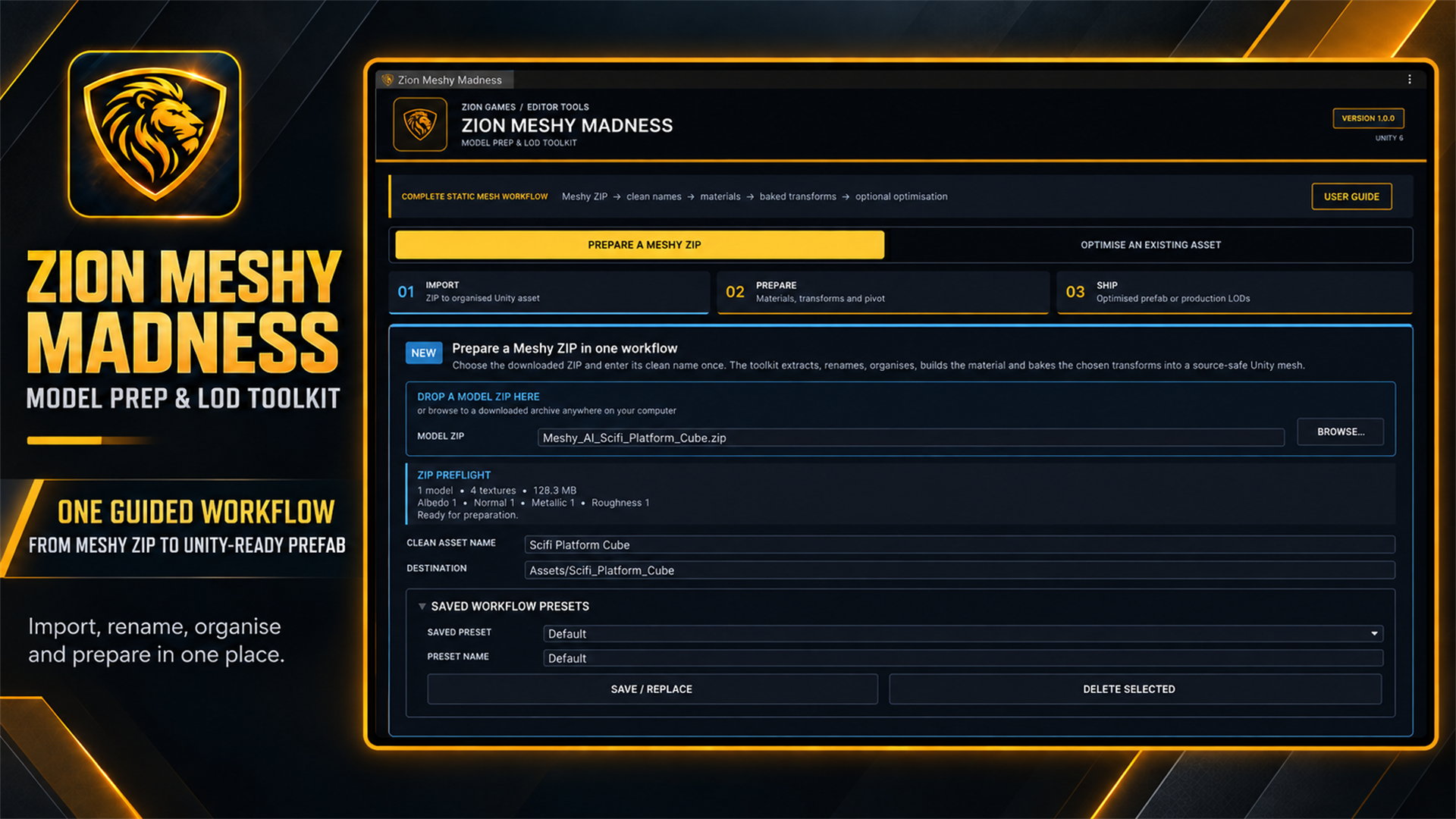Zion Meshy Madness guided Import, Prepare and Ship workflow for a Meshy ZIP model