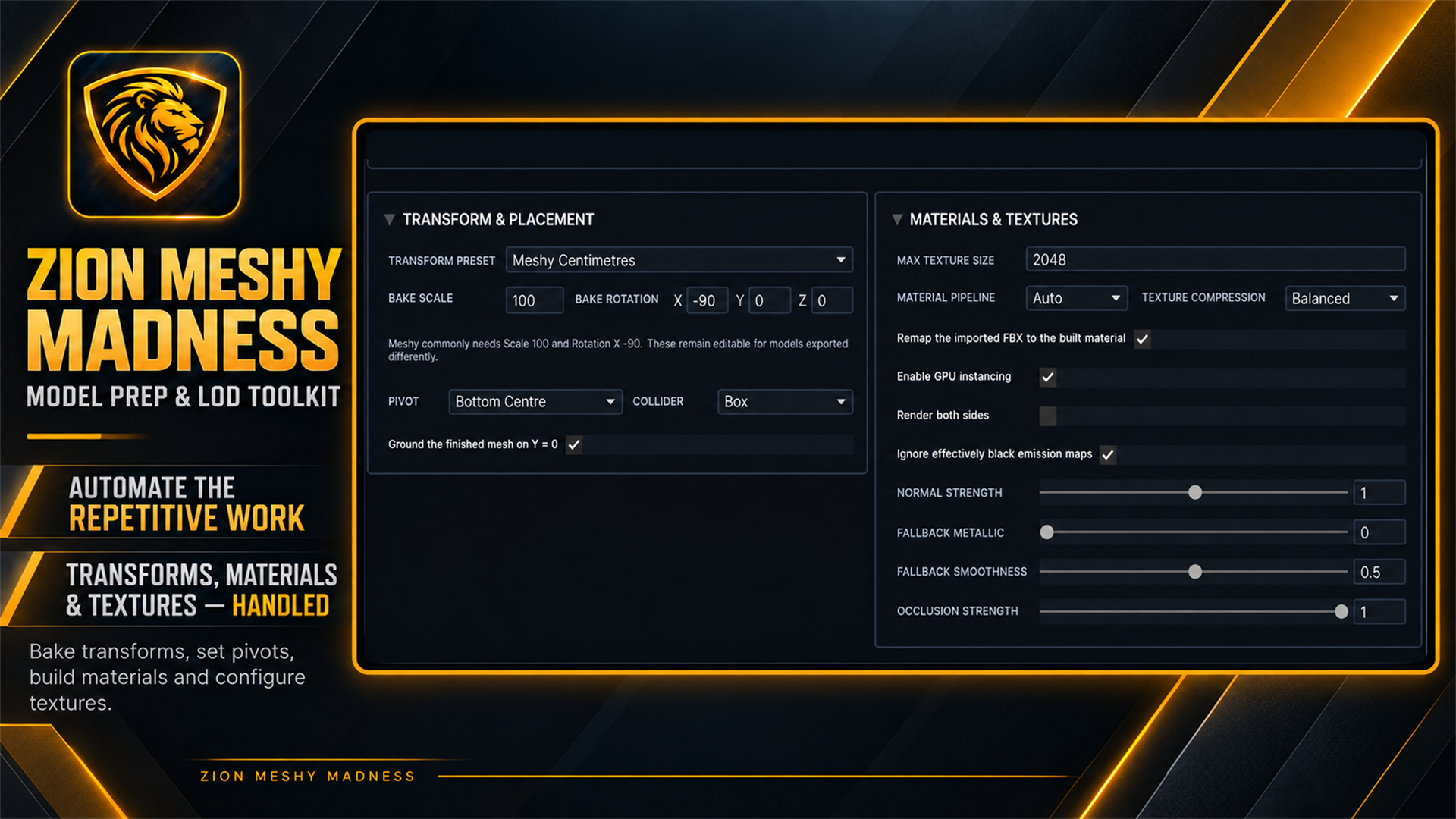 Transform, pivot, material and texture options in Zion Meshy Madness