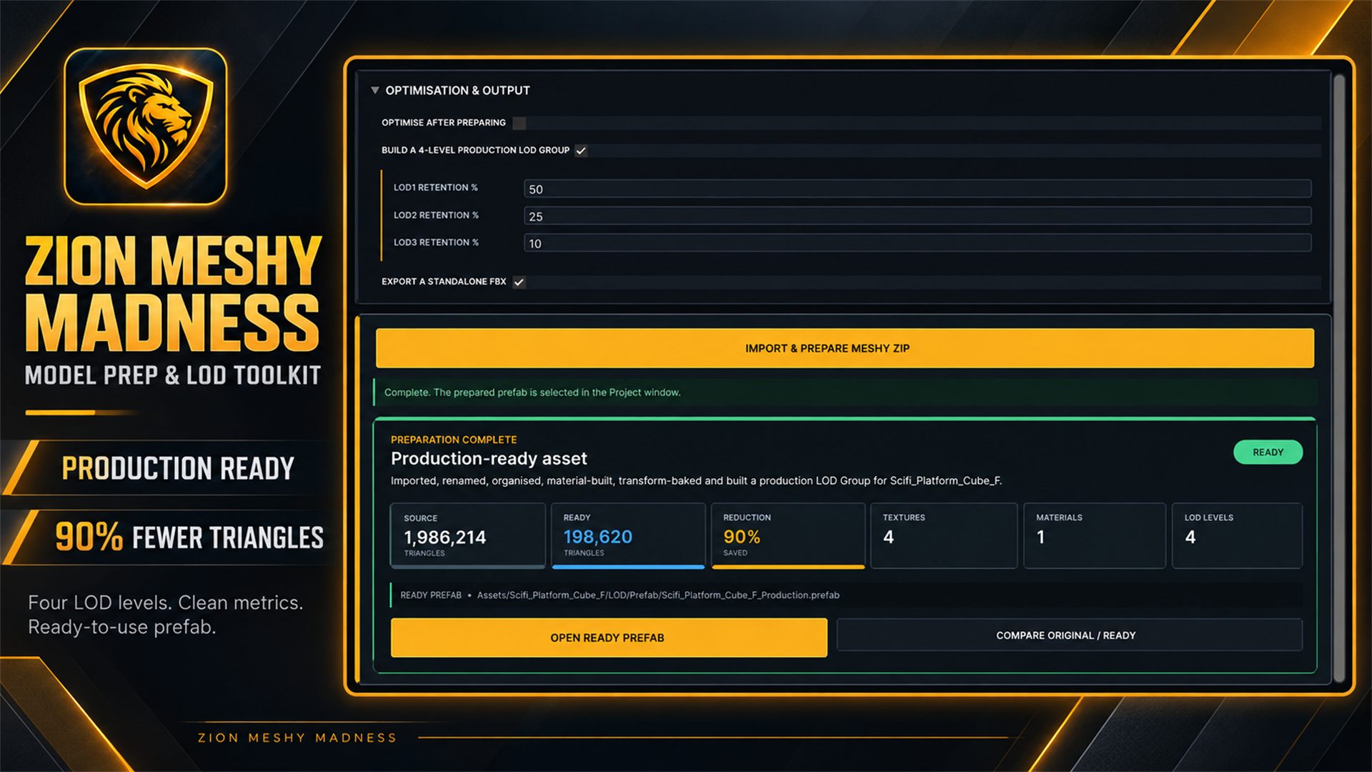Production-ready Meshy Madness result with optimisation summary and generated outputs