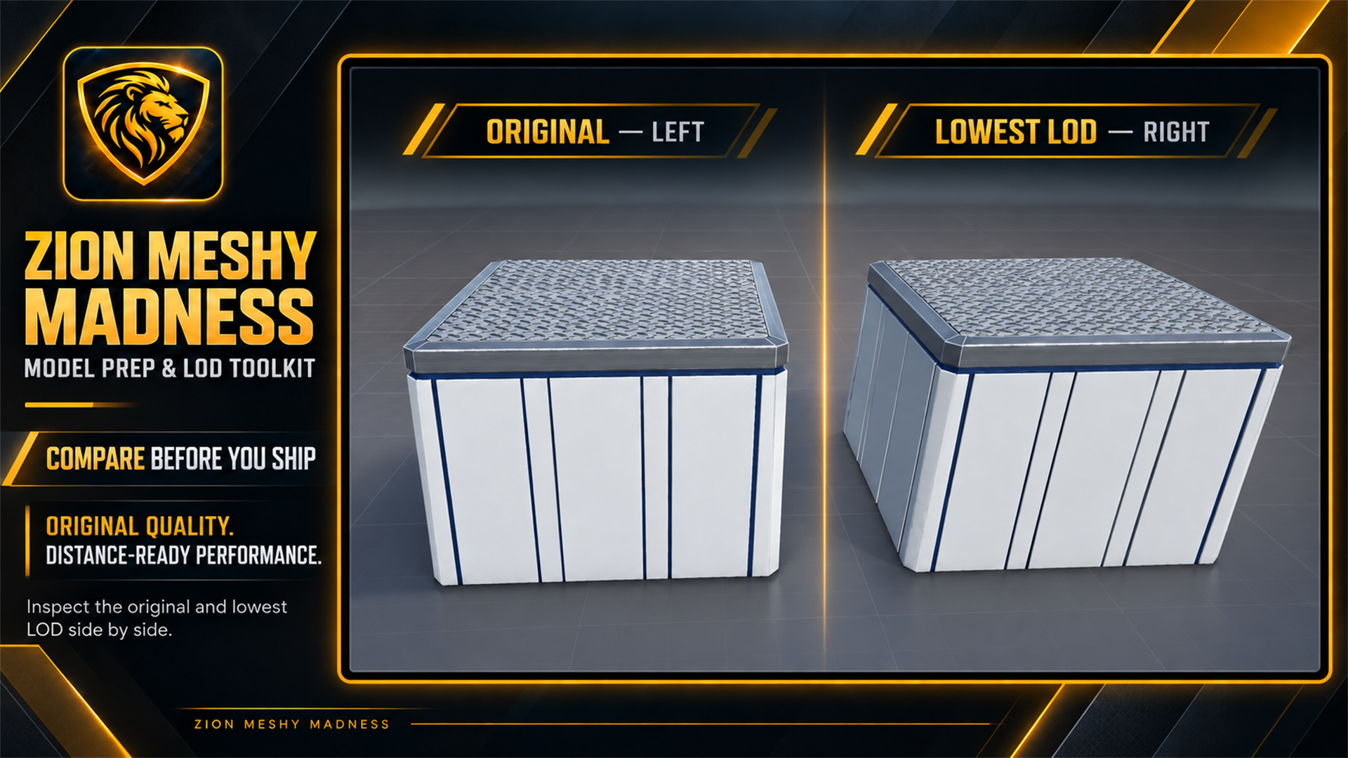 Original model compared with its lowest generated LOD in Meshy Madness