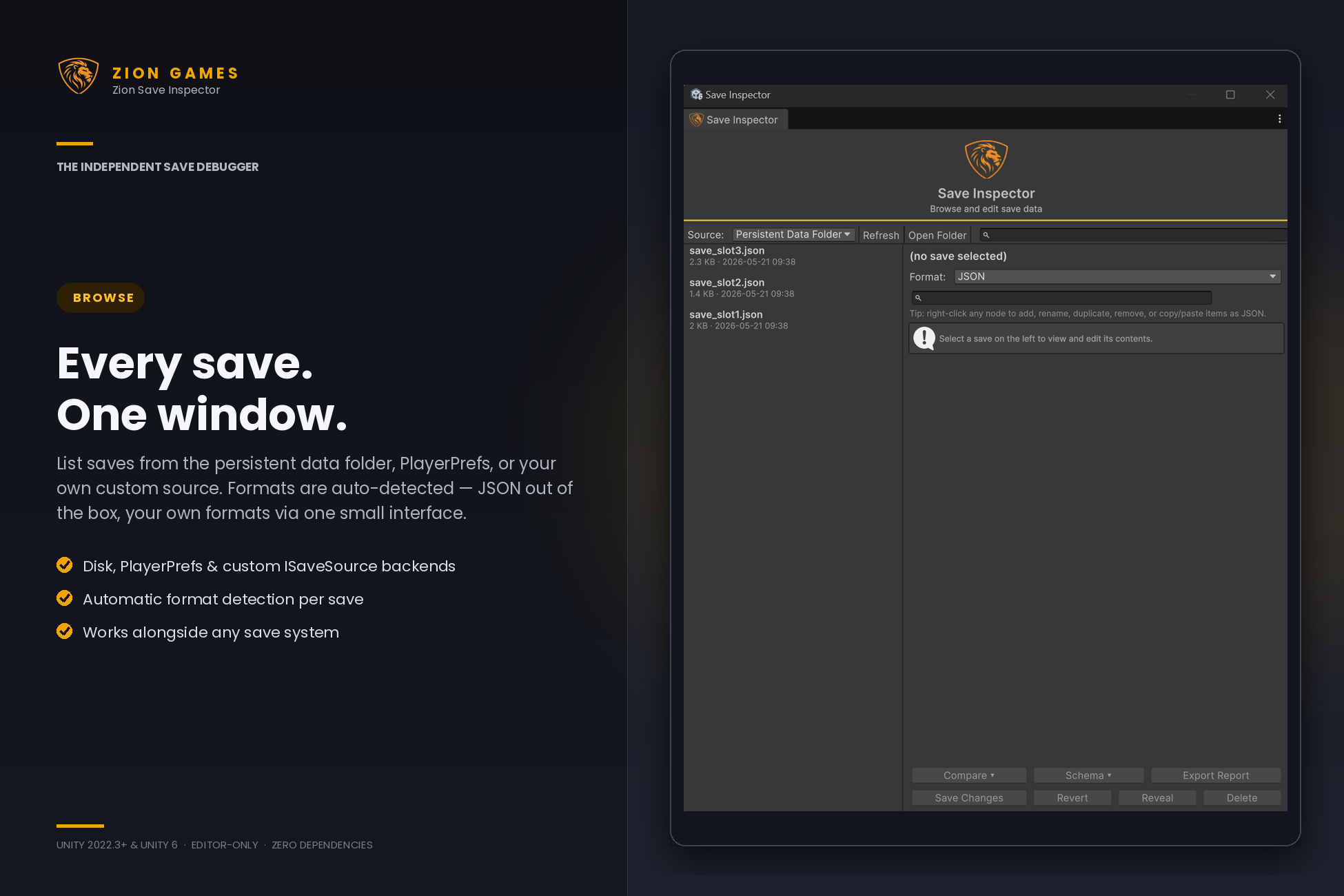 Zion Save Inspector browsing save files in the Unity editor