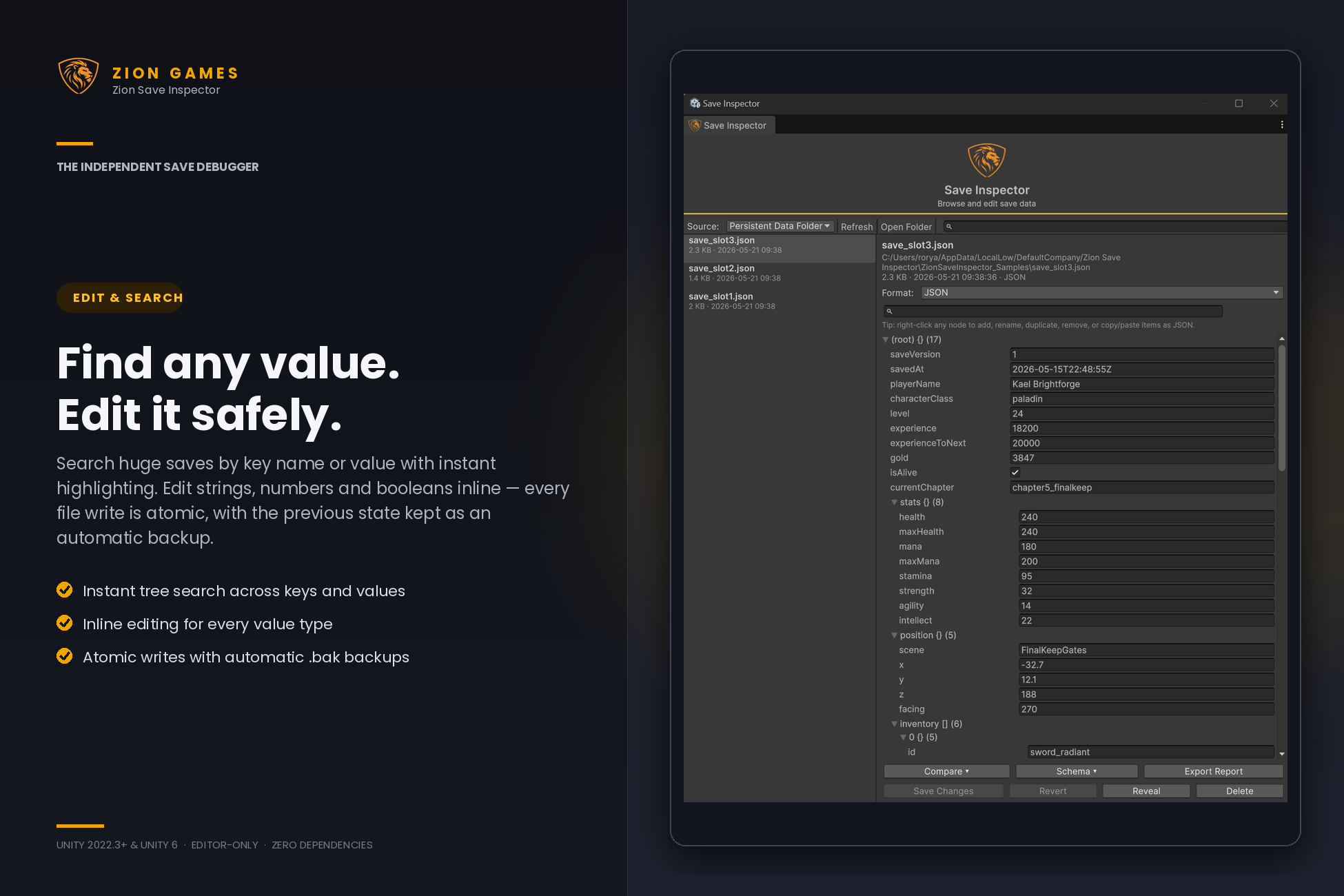 Zion Save Inspector searching and editing save data values in an editable tree