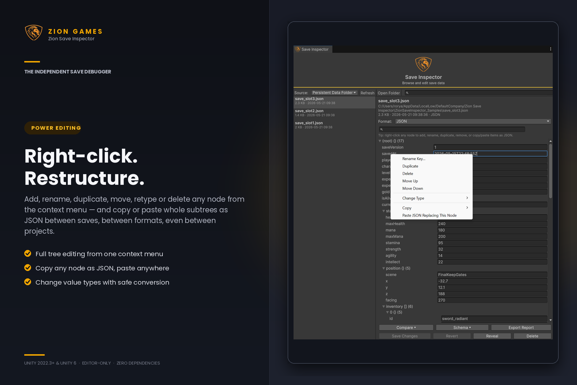 Zion Save Inspector right-click context menu with copy and paste as JSON