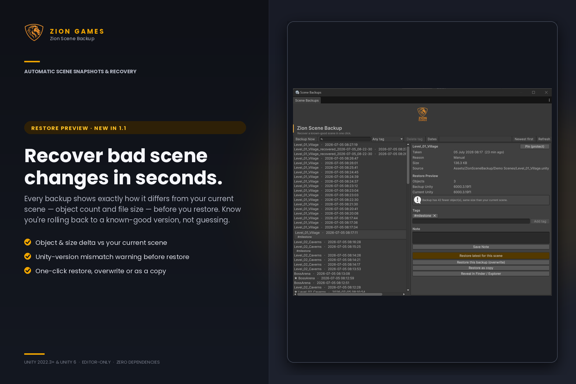 Restore preview showing the difference between a backup and the current scene