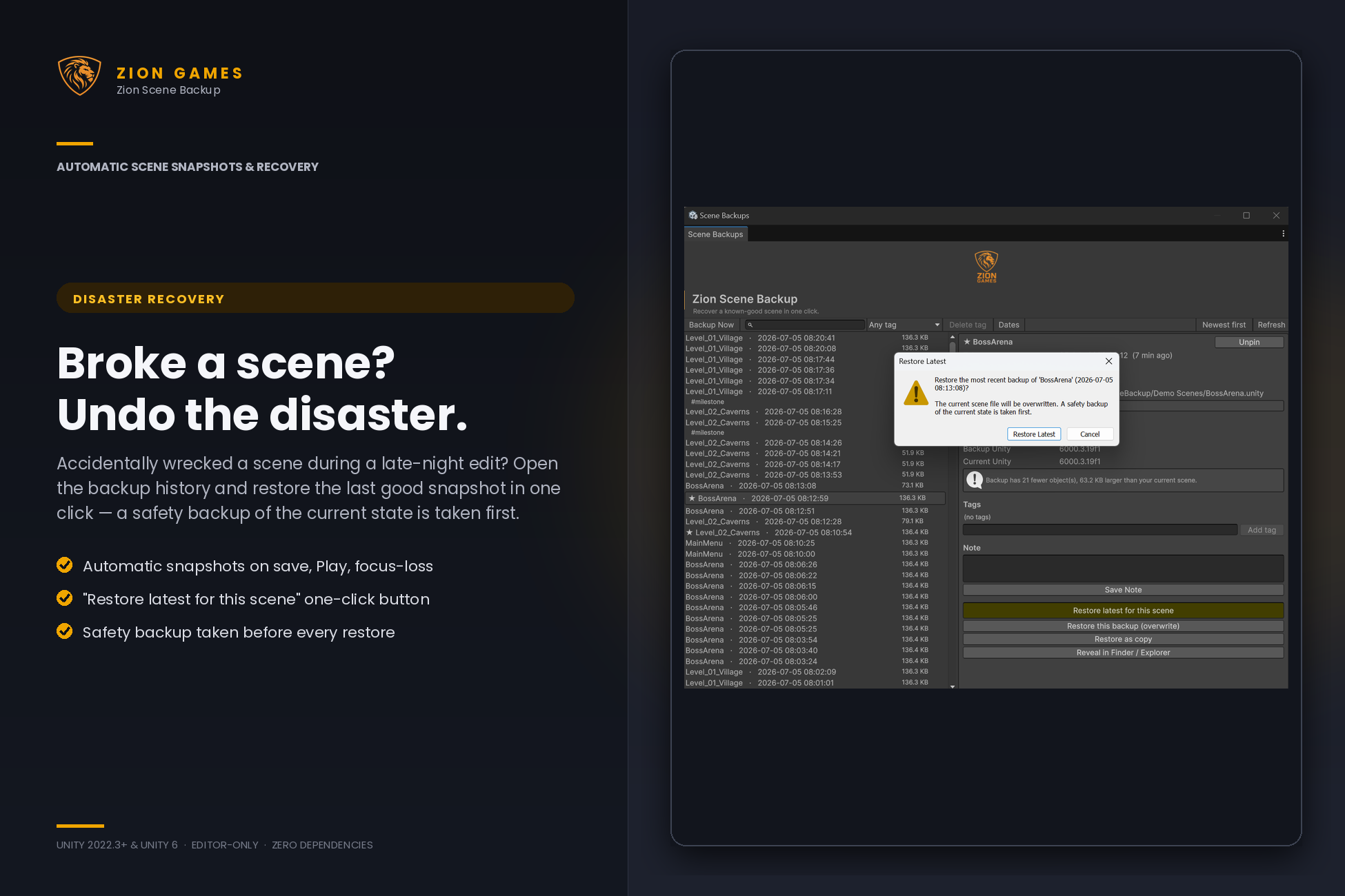 One-click restore of the latest backup for a scene