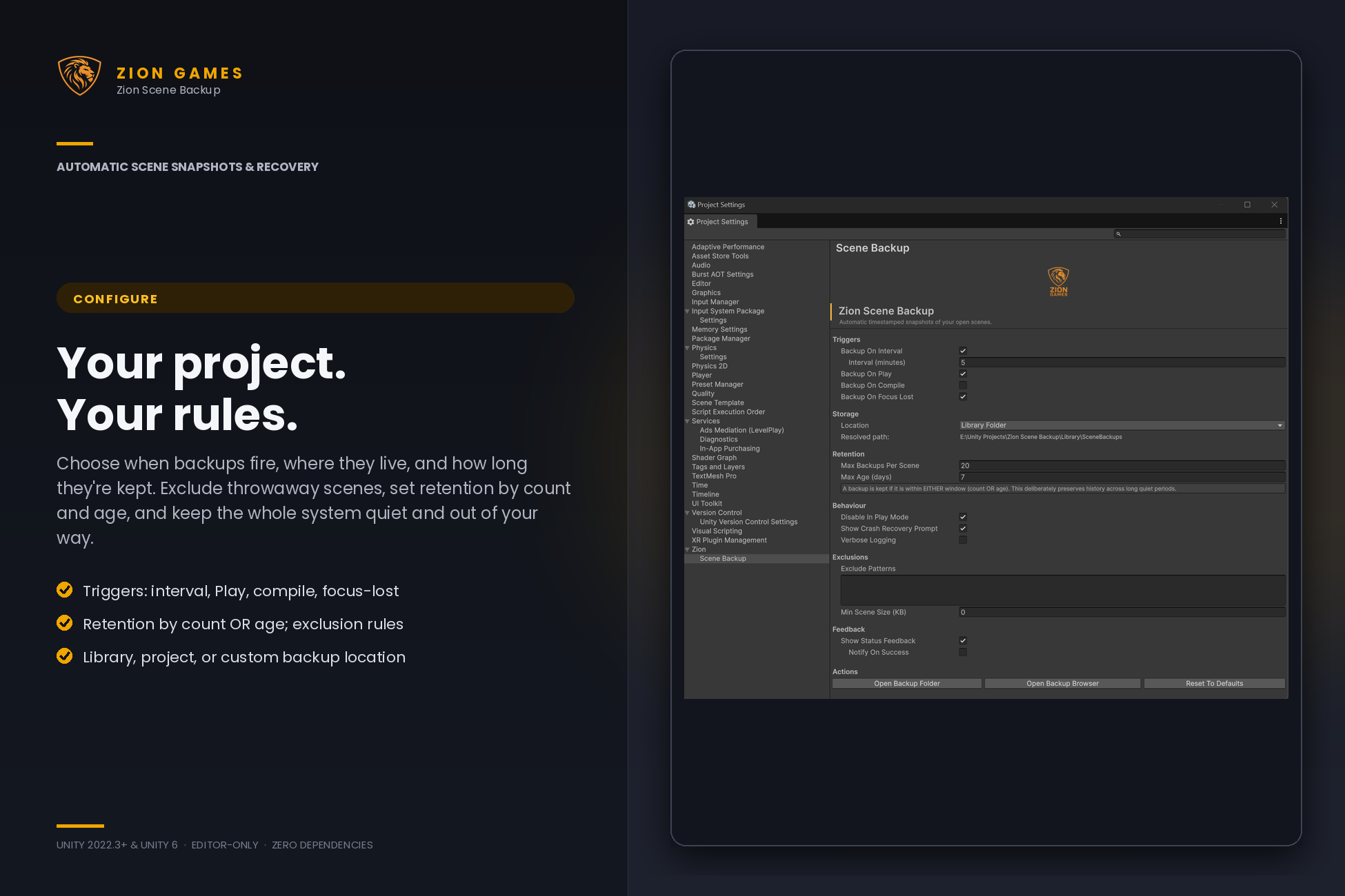 Zion Scene Backup project settings