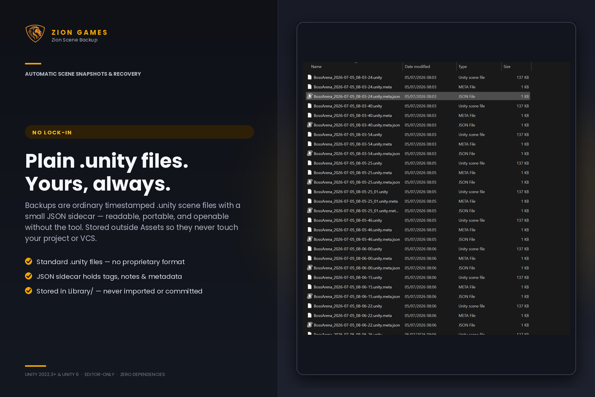 Plain .unity backup files with JSON sidecars on disk