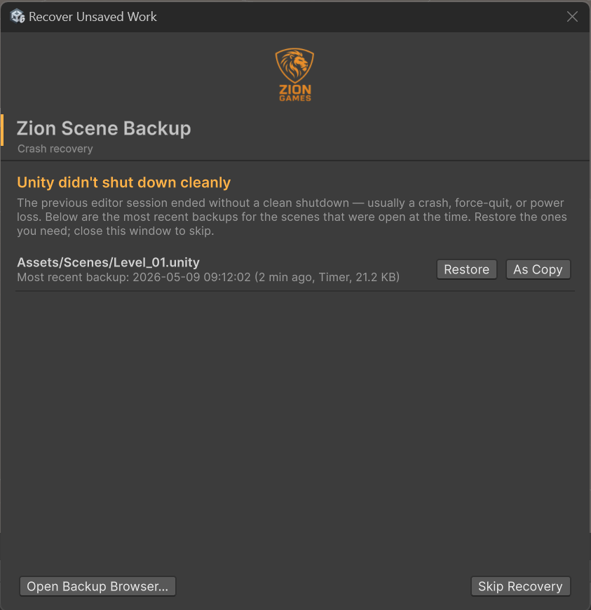 Zion Scene Backup browser window