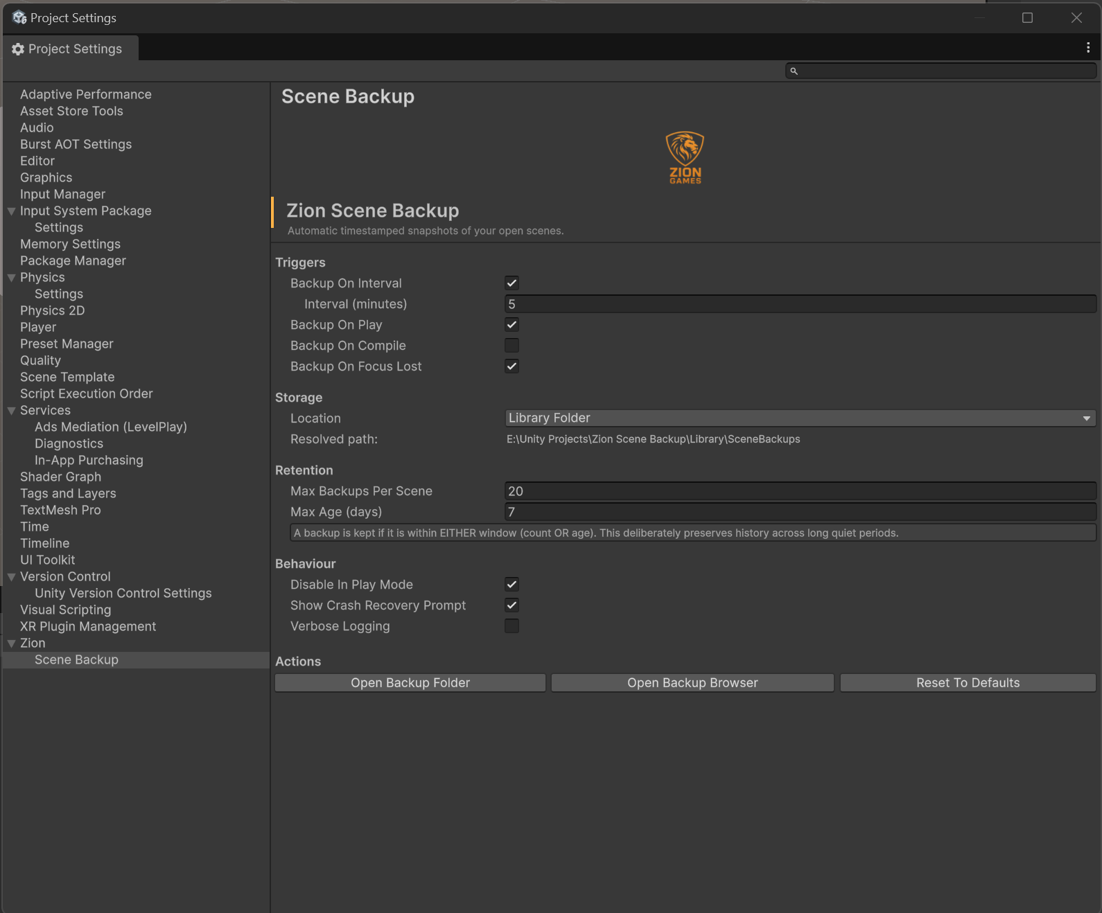 Zion Scene Backup project settings